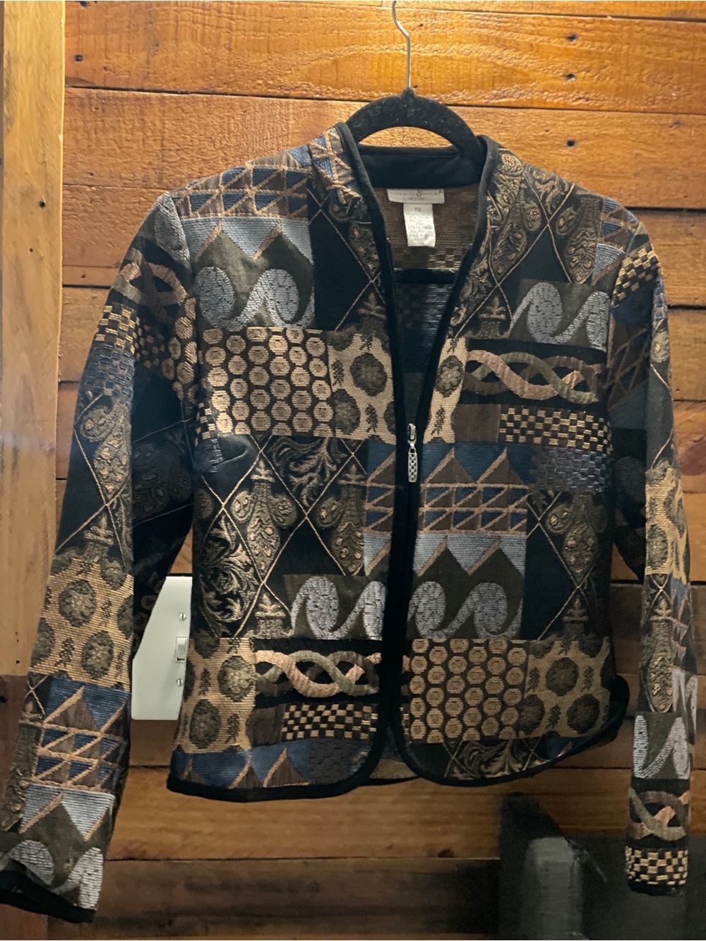 Preswick & Moore Patchwork Geometric Zip Jacket in Black, Brown & Tan
